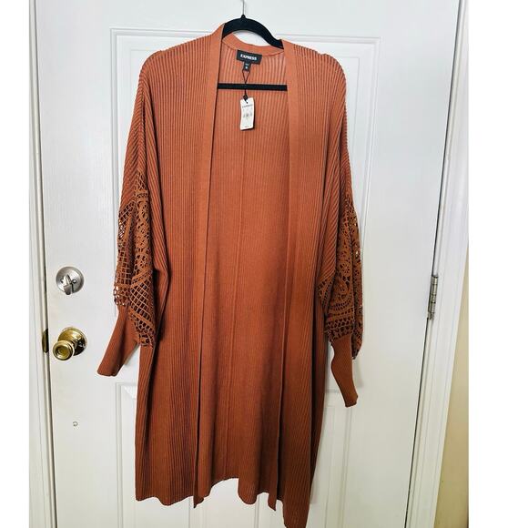 Express Cardigan Womens XL  Crochet Sleeve Duster Sweater Brown Boho Bohemian - Picture 3 of 7